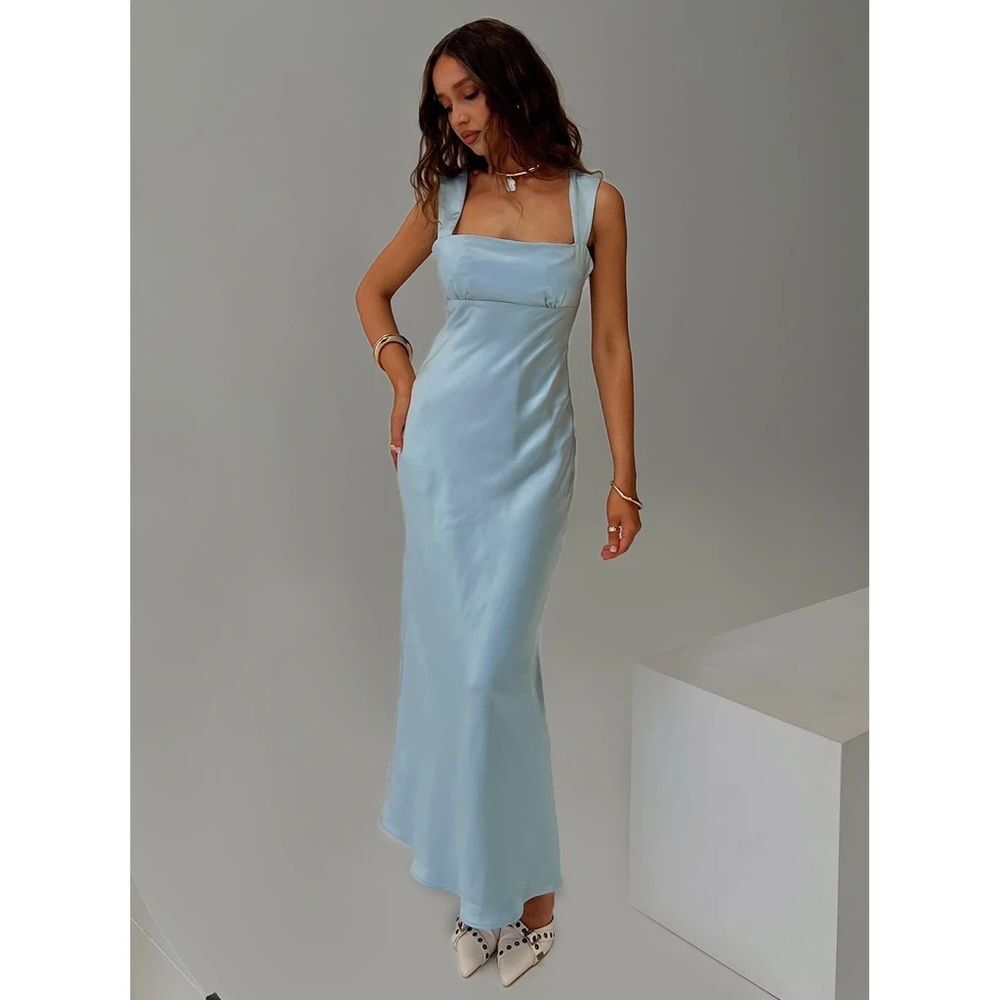 Satin Light Blue Sleeveless Maxi Dress